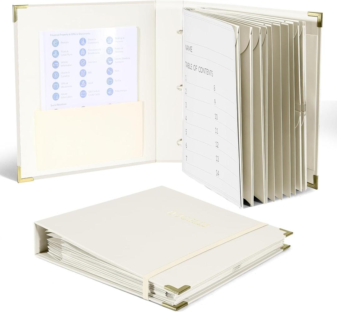 3-Ring Important Document Organizer Life File Manager with Labels Folder Organize Sturdy Hardboard Expanding Pockets for Important Papers, Passports, Letters, Birth Certificates (Beige)