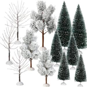 12 Pieces Christmas Village Trees Tabletop Mini Snow Model Frost Bottle Brush Trees Halloween Winter Tabletop Displays Miniature Village Christmas Decor Accessory Figurine(Vivid Style)