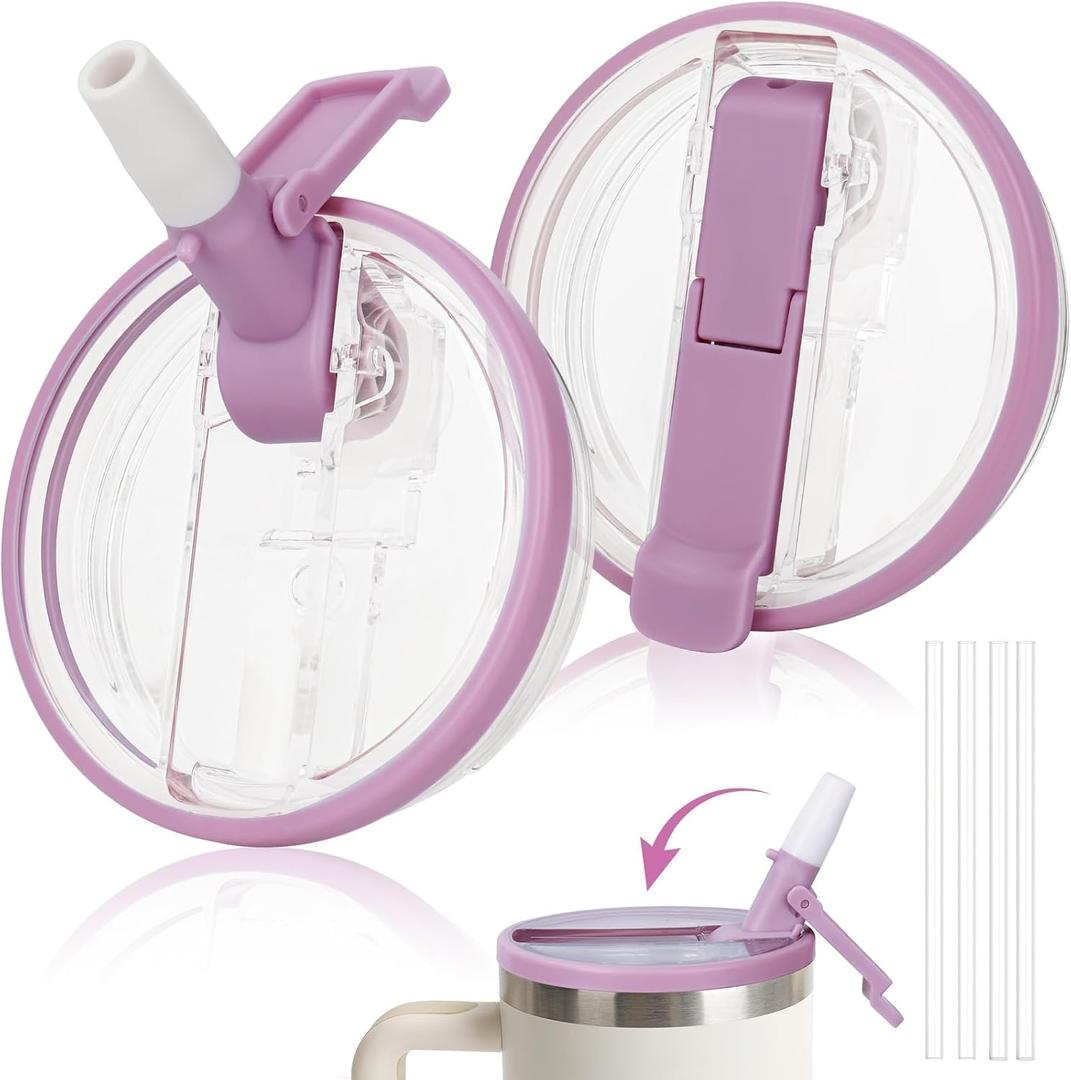 40oz Flip Straw Pro Lid for Stanley, 2025 NEW Leak Proof Lids Replacement for Stanley Quencher and ProTour, No Spill Dust-proof Tumbler Cover Cap Removable Top for 40oz StanleyAccessories, Purple*2