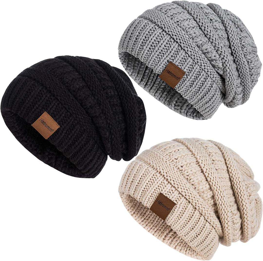 Womens Beanies for Winter 3 Pack, Slouchy Beanies for Women Oversized Knit Warm, Winter Hats for Women Thick for Cold Weather (Black+oatmeal+dark Gray)