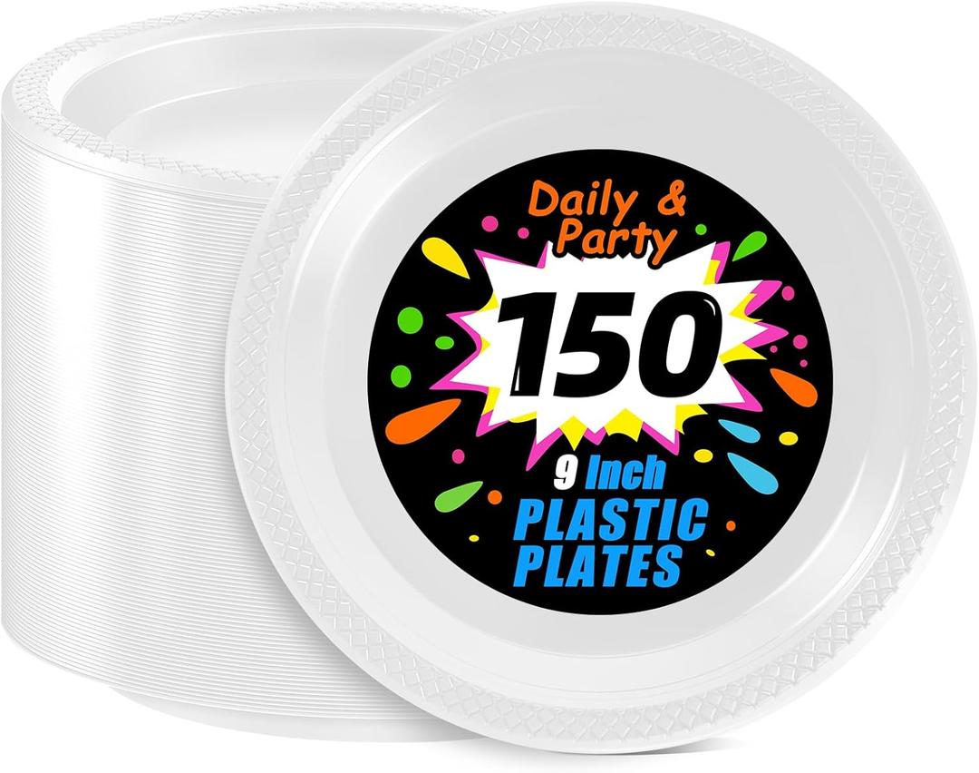 WELLIFE White Plastic Plates 9 Inch -150 Count for Party, Disposable Plastic Party Plates for Wedding Dinner Birthday Engagement