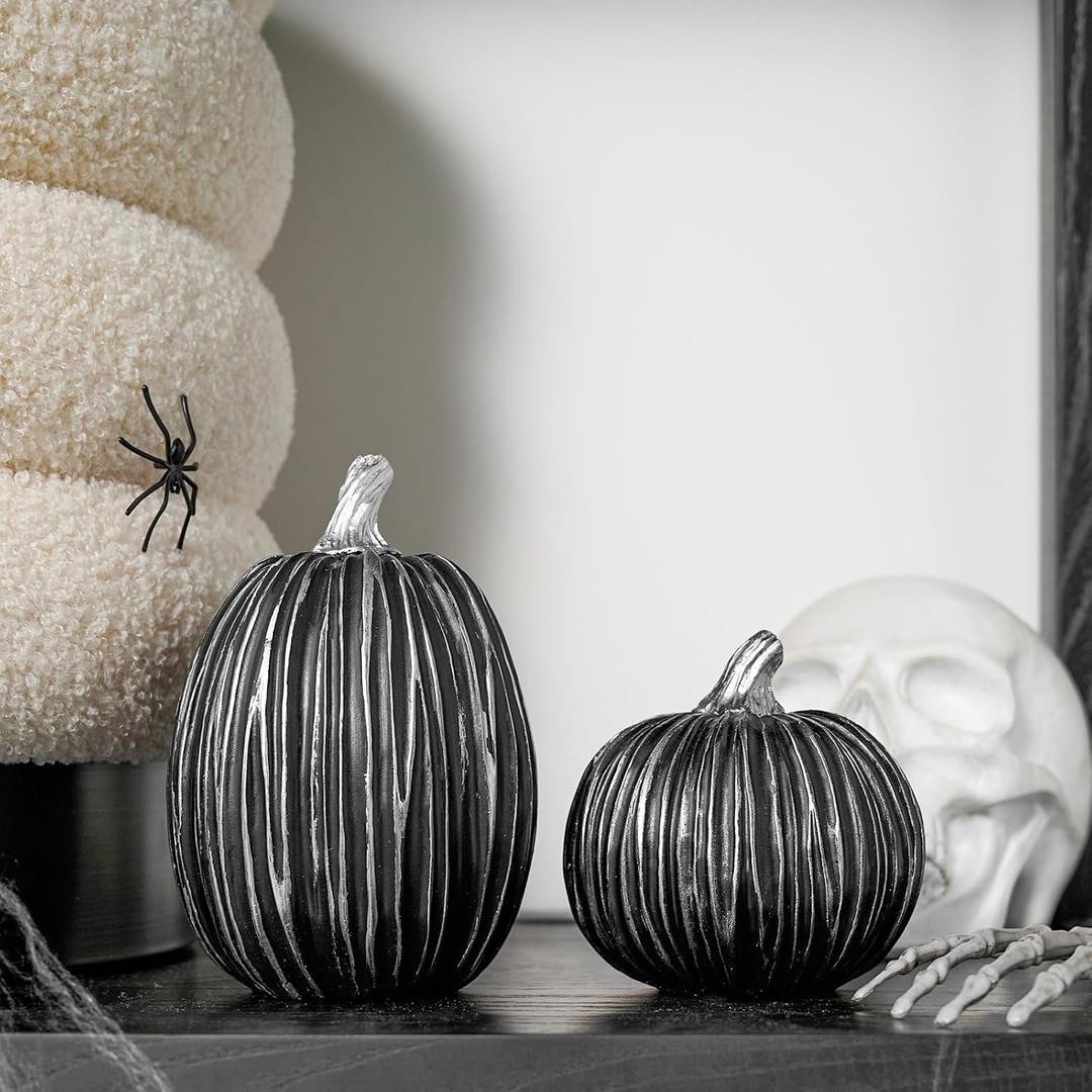 DN DECONATION Pumpkin Decorations for Fall and Halloween Indoor Home Decor, Black and Silver Faux PumpkinsFall Halloween Table Centerpiece, 2-Pack Resin Pumpkin for Thanksgiving Modern Farmhouse (Set of 2)