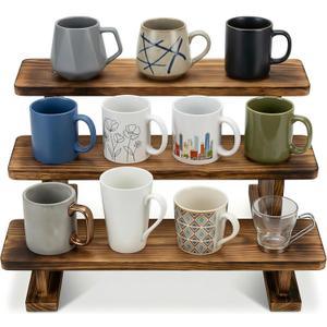 2 Pack Wooden Mug Organizer for Cabinet, 3-Tier Staircase Coffee Mug Display Shelf, Space-Saving Kitchen Cabinet Cup Organizer for Kitchen, Coffee Bar & Pantry