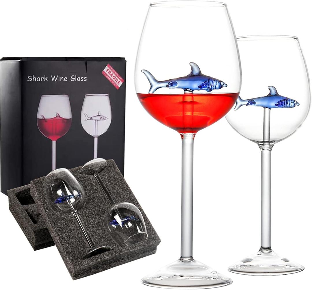 Shark 3D Blue Colored Wine Glasses (Set of 2), Personalized Red Wine Cups, Modern Shark Lover Gifts for Women, Party, Birthday, Wedding (Goblet)