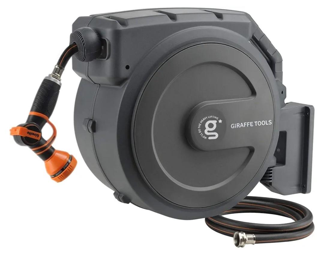 Giraffe Tools Retractable Garden Hose Reel 1/2"130FT Wall Mount Auto RewindAny Length Lock,Auto Rewind System,180° Swivel Bracket,Heavy Duty Hybrid Hose,Easy to Assemble,7 Spray Patterns