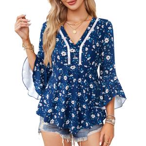 VALOLIA Fall Tops for Women 2025 Womens V Neck Tunic Tops 3/4 Sleeve Womens Tops Dressy Casual Office Clothes Flowy Shirts Flower Blue Medium (M)
