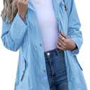 Rain Jacket Women Striped Lined Hooded Lightweight Raincoat Outdoor Waterproof Windbreaker (Large, Sky Blue)
