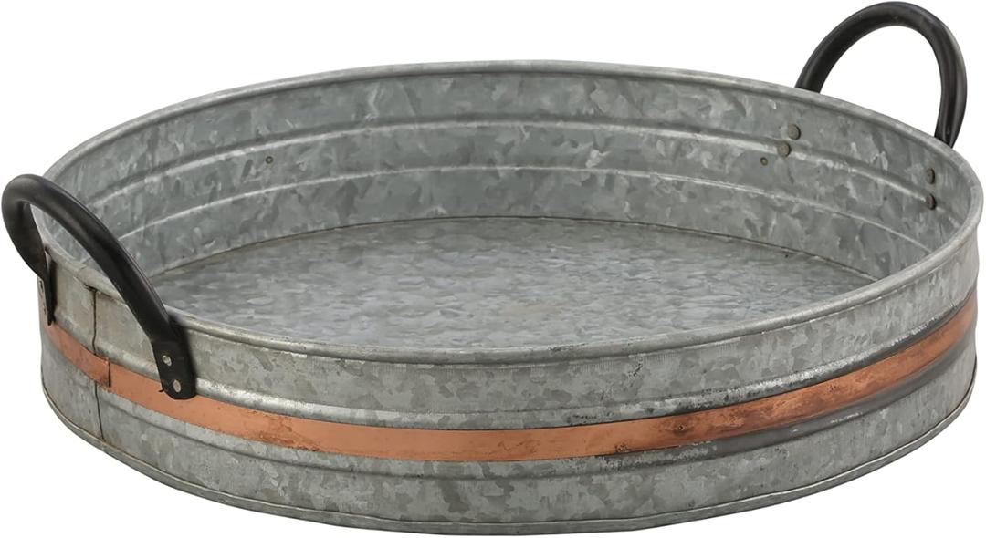 Galvanized Metal Serving Trays with Copper Strip and Iron Black Handles,Farmhouse Tray, Decorative Centerpiece for Coffee Table or Dining Table, Rustic Utility Trays for All Purpose, Round Trays (17")
