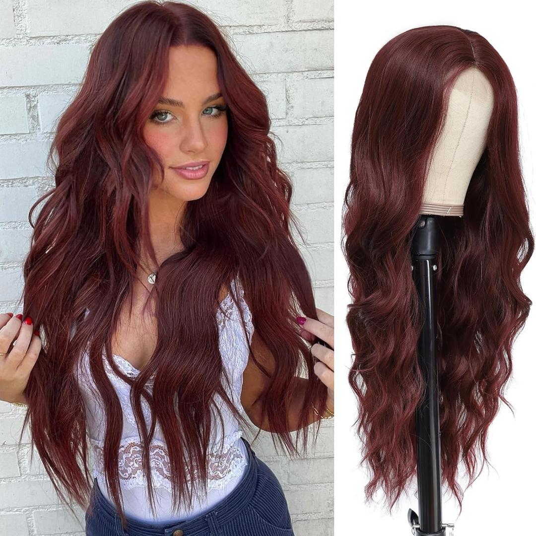 NAYOO Long Burgundy Wig for Women, 26 Inch Wine Red Wigs for Women, Burgundy Wavy Wigs Easy to Put, Red Halloween Wigs
