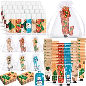 Loopeer 48 Sets/192 Pcs Christmas Hand Cream and Lip Balm Gift Set for Women Bulk Mini Hand Lotion Travel Size for Dry Skin Stocking Stuffers with Greeting Card Organza Bags for Coworker Employee
