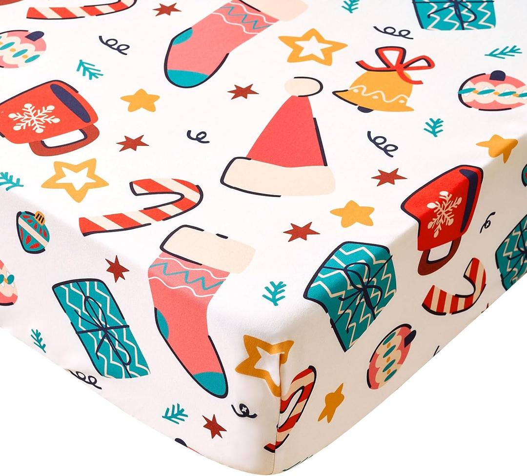 Christmas Crib Sheet for Baby Boys Girls 52 x 28 Inches Gift Fitted Crib Sheets for Standard Crib and Toddler Mattress, Baby Sheet Newborn Bedding Nursery Mattress Cover, White