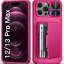 for iPhone 12 Pro Max & 13 Pro Max Case Wallet, Built-in Card Holder (4-5 Cards), Slide Camera Cover, Military Drop Protection, Heavy Duty Women Phone Case for iPhone 12 Pro Max, Hot Pink