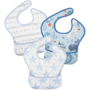 3 Pack Waterproof Baby Bib for Eating, Mess Proof Feeding Bibs with Large Food Catcher, Travel Feeding Bibs (Light Blue Ocean)