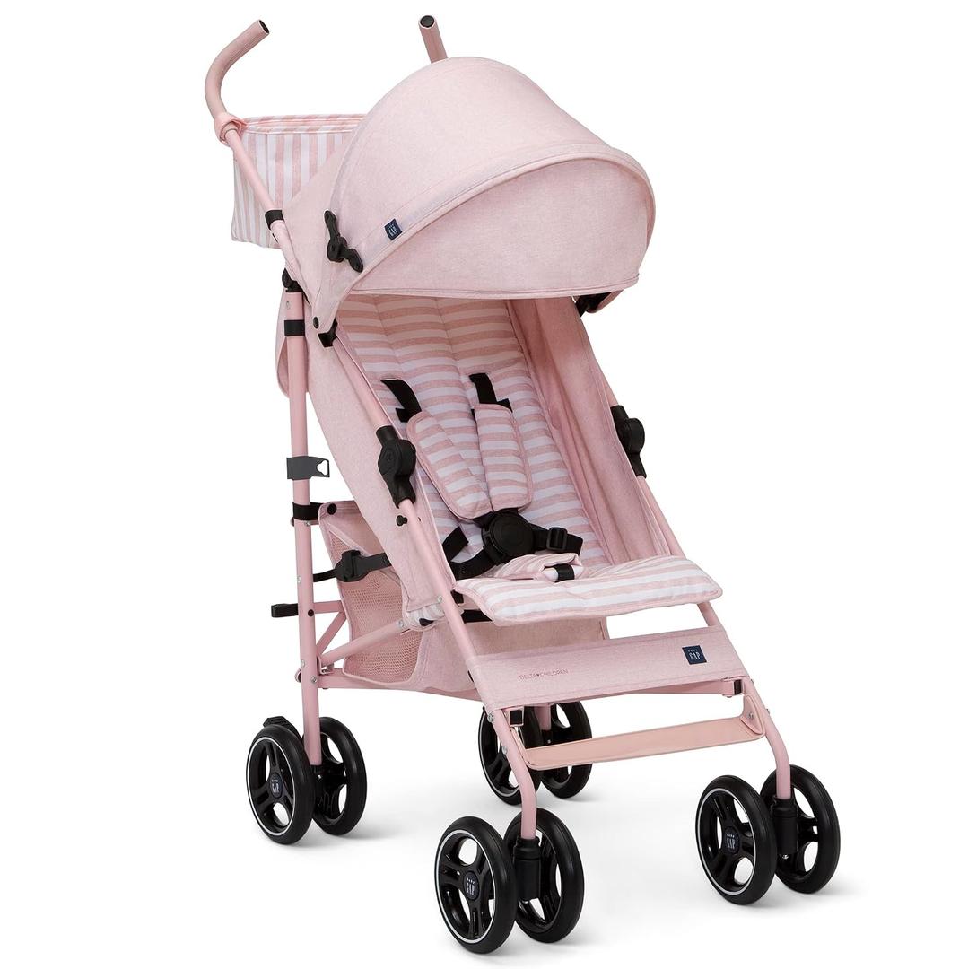 BabyGap Classic Stroller - Lightweight Stroller with Recline, Compact Fold & Removable Parent Organizer - Made with Sustainable Materials, Pink Stripes