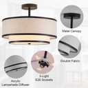 Farmhouse Close to Ceiling Light, 3-Light Flush Mount Ceiling Light Fixture with 2-Layer Fabric Shade, Modern Drum Ceiling Lamp for Hallway Bedroom Living Room (Black), D 15.74" x H 11.8"; Ceiling Canopy: 4.72" Diameter