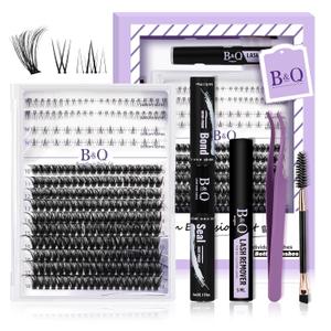 B&Qaugen Eyelash Extension Kit with Bottom Lash Extension 10-18mm 70D D Curl Lash Clusters Kit with Bottom Lashes DIY Lash Extension Kit Bond and Seal Lash Applicator (Kit-70D-D-MIX10-18)