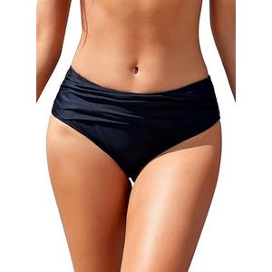 SHEKINI Women's Bikini Bottoms Ruched Black Swimsuit Tummy Control Swim Bottoms, L, Manhattan Black