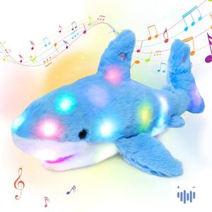 Hopearl LED Musical Stuffed Shark Lighting Up Singing Plush Toy Adjustable Volume Lullaby Animated Soothe Birthday Festival for Kids Toddler Girls, Blue, 16'', Shark_LED & Music