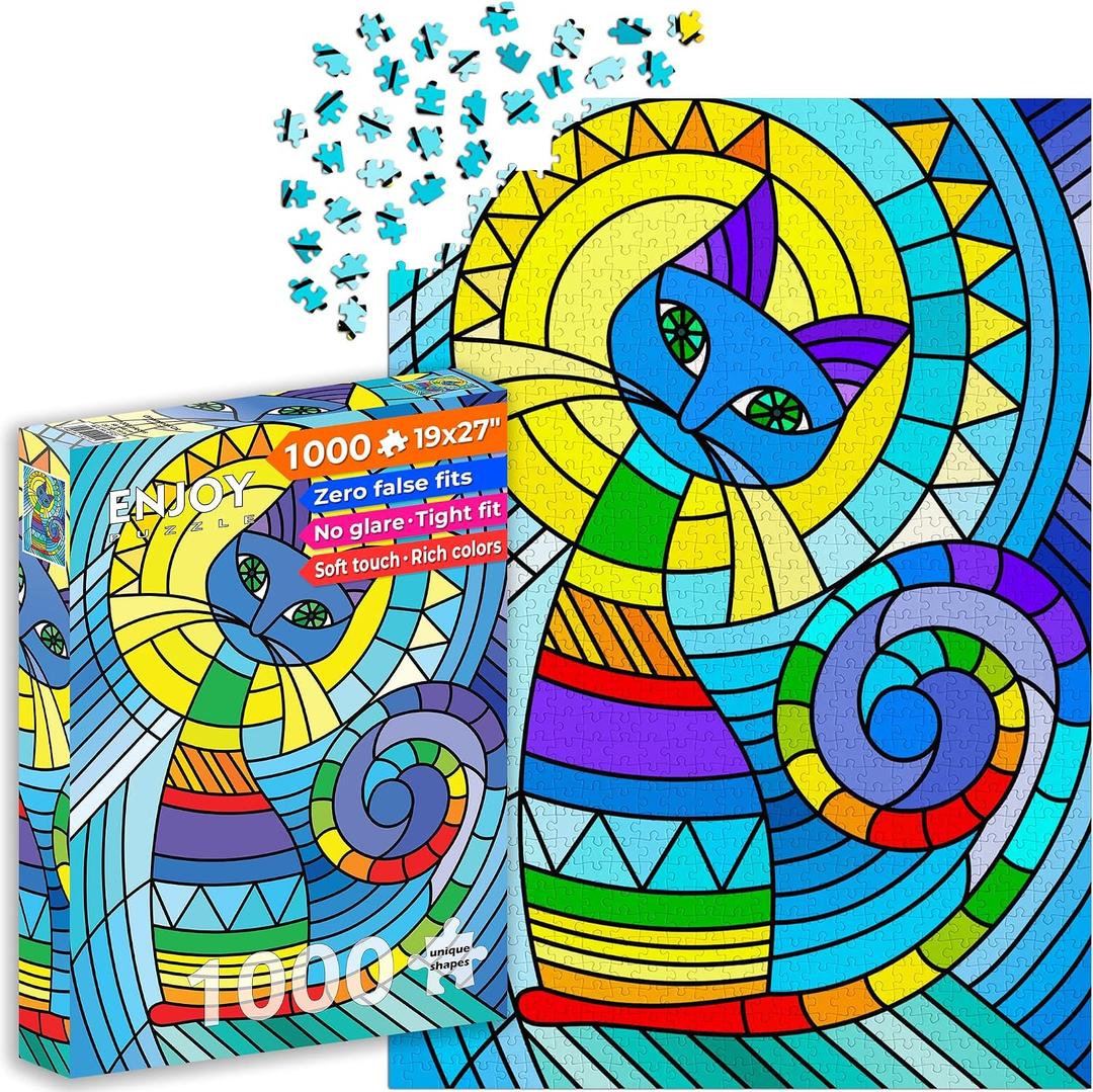 1000 Piece Jigsaw Puzzle for Adults - Cat Stained Glass Pop Art - Matte Anti-Glare Finish, 27x19 in, Challenging Puzzle & Unique Gift for Women & Puzzle Lovers | Enjoy, 26.8" x 18.9" - Beginner/Intermediate