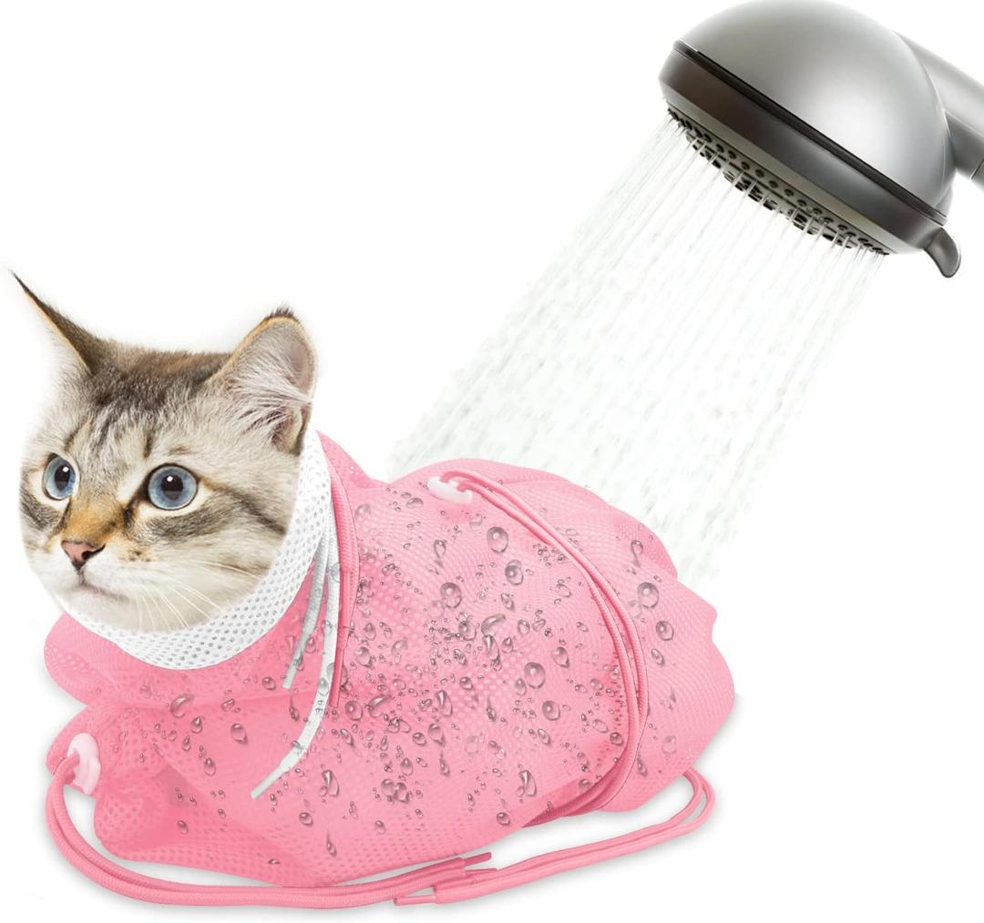 Cat Bathing Bag, Breathable Mesh Cat Shower Bag Anti Scratch Adjustable Cat Grooming Washing Bag for Nail Trimming Soft Polyester Large