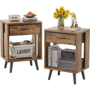 Nightstand Set of 2 with Fabric Drawers and Open Shelves - Rustic Bedroom Side Tables (M(15.7"D x 11.8"W))