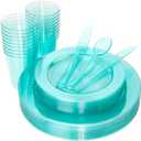 WDF 25 Guest Green Plastic Plates with Disposable Silverware&Green Cups-Neon Clear Plastic Dinnerware include 25 Dinner & Salad Plates,25 Forks, 25 Knives, 25 Spoons,25 Cups for Party