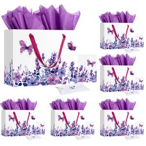 Kolldenn 6 Sets Butterfly Gift Bags 13" Large Purple Gift Bag with Greeting Card and Tissue Paper for Women Wedding Bridal Baby Shower Birthday Decorations Party Supplies