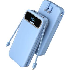 Portable Charger Power Bank with Built in Cables and AC Wall Plug,PD20W&SCP22.5W USB-C Super Fast Charging,20000mAh Travel Phone Charging,LED Display Battery Pack Compatible All iPhone Samsung etc (Blue)