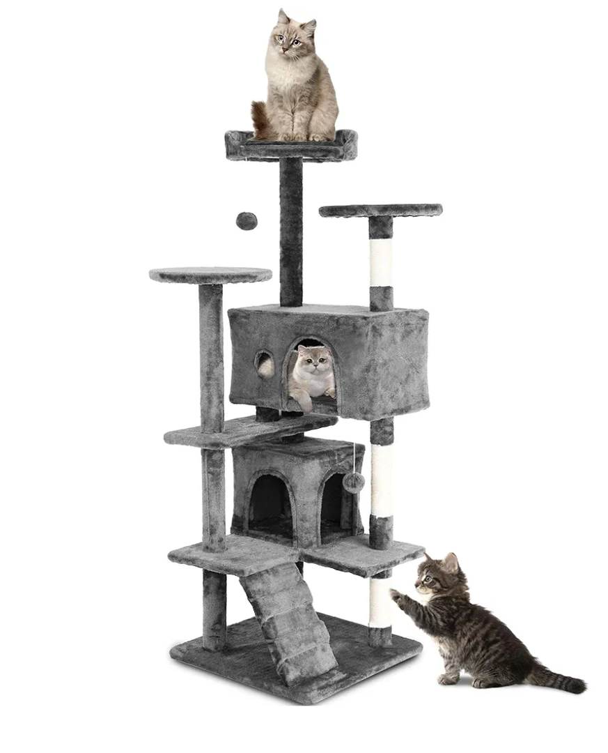 Cat Trees Towers for Large Cats 54" Tall - Cat House with Scratching Posts, Cozy Condo, Bed Cave, Climbing Ladder & Pom Pom Toys - Cat Furniture - Ashy Gray