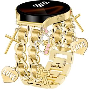 Newlibery Gold Metal Band with Charms Women 20mm Adjustable Double Chain Watch Strap Compatible with Samsung Galaxy Watch 7/6/5/4/Active 2/4 6 Classic/5 Pro/FE 40mm 42mm 43mm 44mm 45mm 46mm 47mm Gift