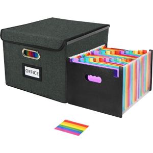 File Organizer Box with 25-Pocket Accordion Folder, File Folder & Protective Lid - Document Storage for Home, Office, School, Dark Grey