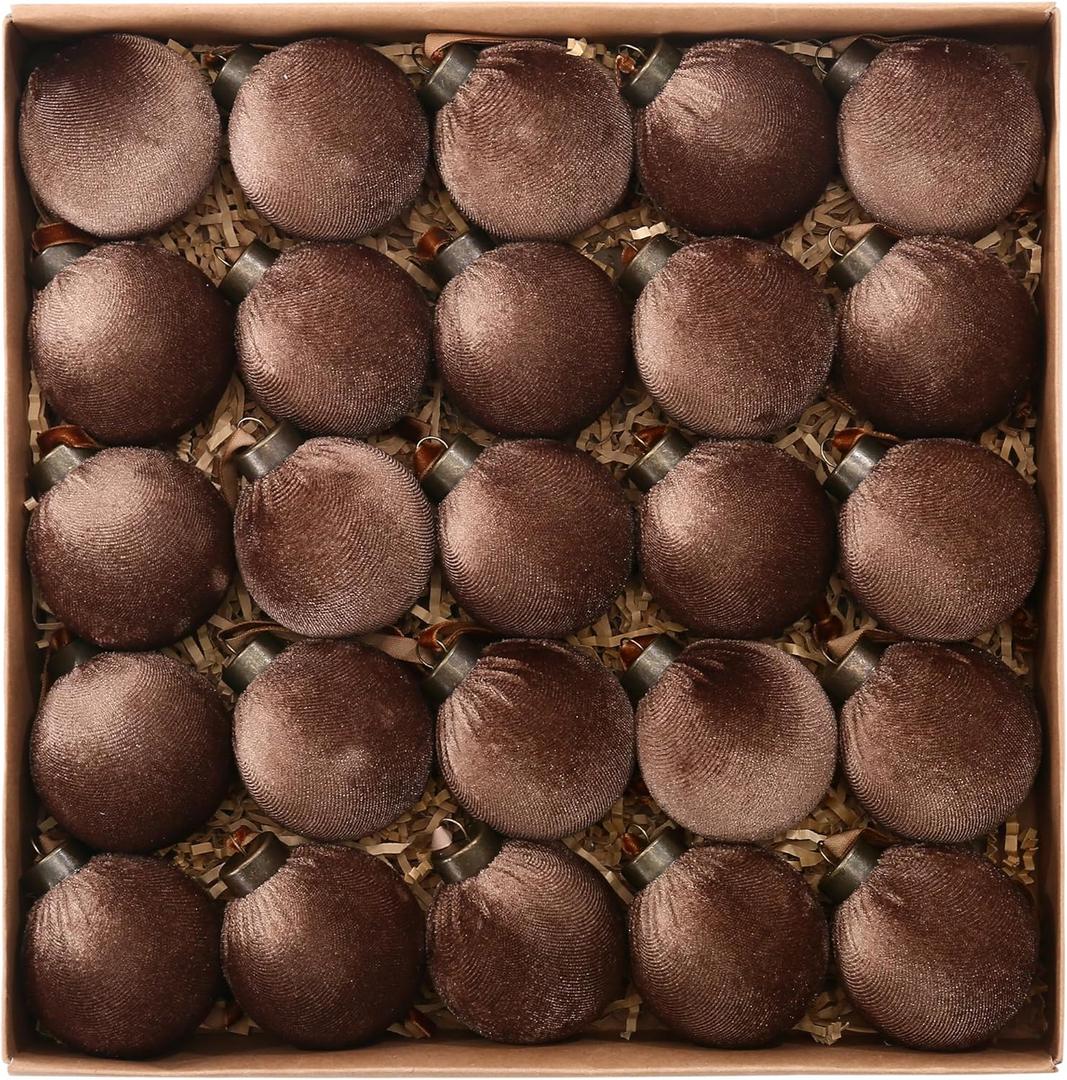 Sea Team 25-Pack Flocked Velvet Cloth Christmas Tree Ball Ornaments Set, Hanging Velour Baubles, Shatterproof Plastic Decorations for Xmas Tree, Wreath, Garland, 60mm/2.36 Inches, Coffee