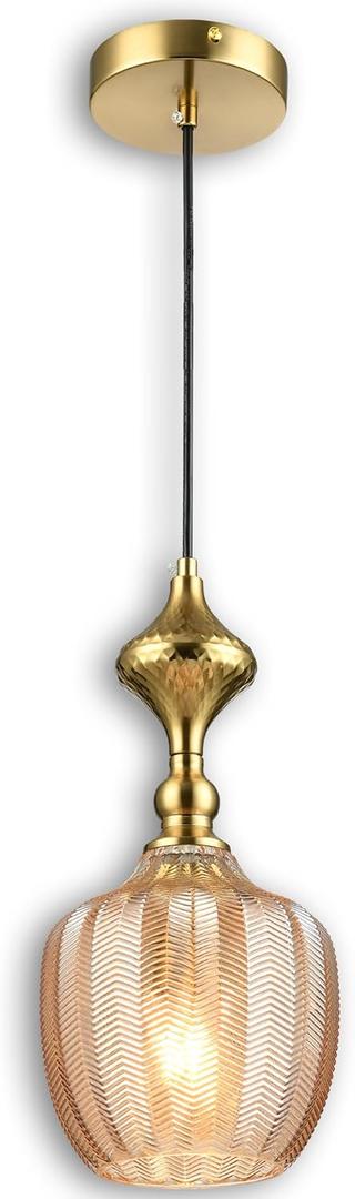 Modern Glass Pendant Light, 6.5"x14" Amber Sunset-Striped Hanging Fixture with Gold Cap, 15"-72" Adjustable Line, E26 Socket for Dining Room or Lounge Sunset Gold Bordeaux