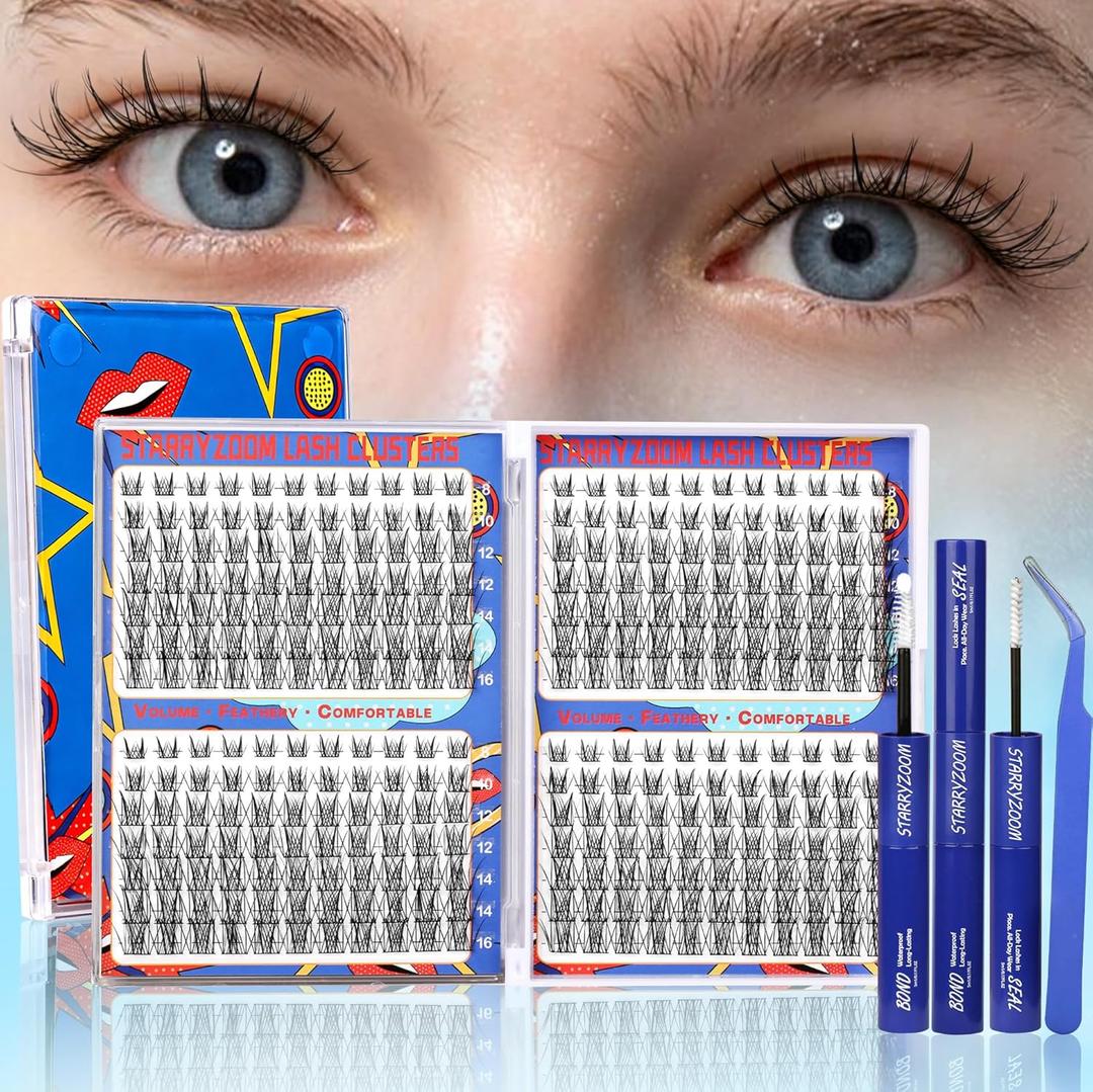 2 x Natural Lash Clusters Kit Wispy Volume Lightweight Cluster Eyelash Extensions DIY Individual Fairy C-Curl Fake Eyelashes 308Pcs 8-16MM Mixed with Bond Seal Tweezers