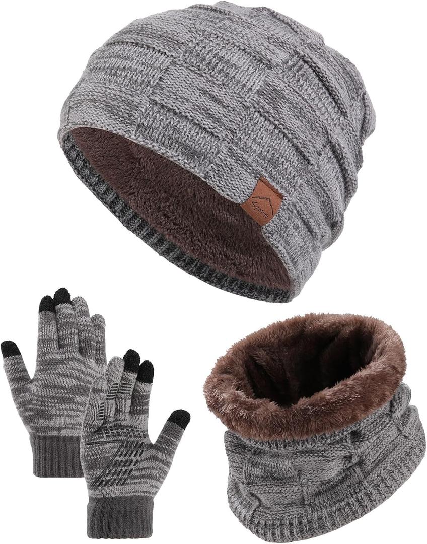 AWAYTR Kids Winter Hat Gloves Scraf Sets, Beanie for Boys Girls Toch Scree Gloves Neck Warmer for Toddler (Gray)