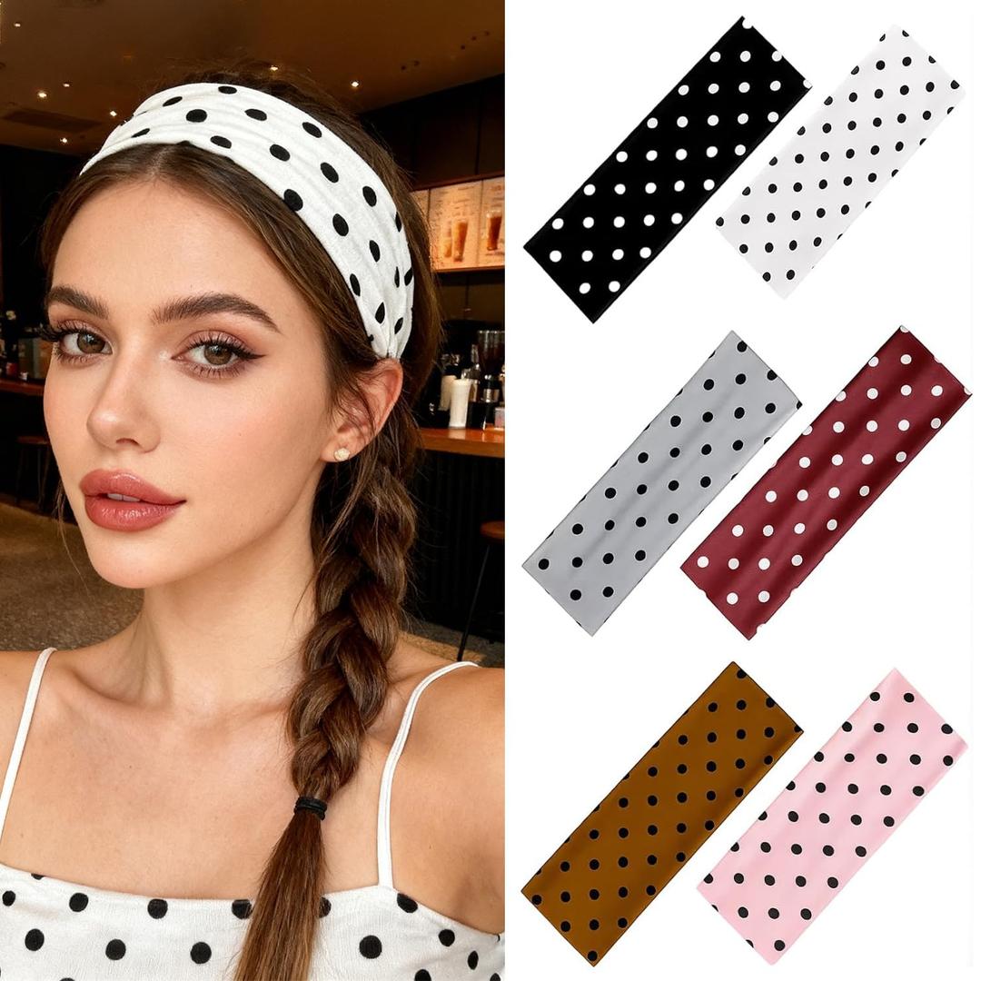 6 PCS Polka Dot Headband, headbands polka dot, Hair Accessories Trendy Head Bands, Soft Wide Headband for Yoga, Running, Workout, Washing Face and Social Gatherings