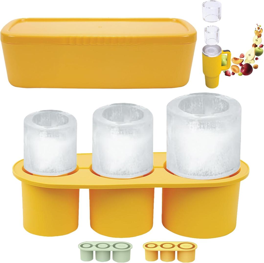 Stanley Ice Mold, Ice Cube Tray for Stanley Cup with Lid and Bin for 20 30 40 oz Tumbler Cup, Cylinder Ice Maker for Drinks, Coffee and Cocktails, Whiskey, Easy to Release (Yellow)