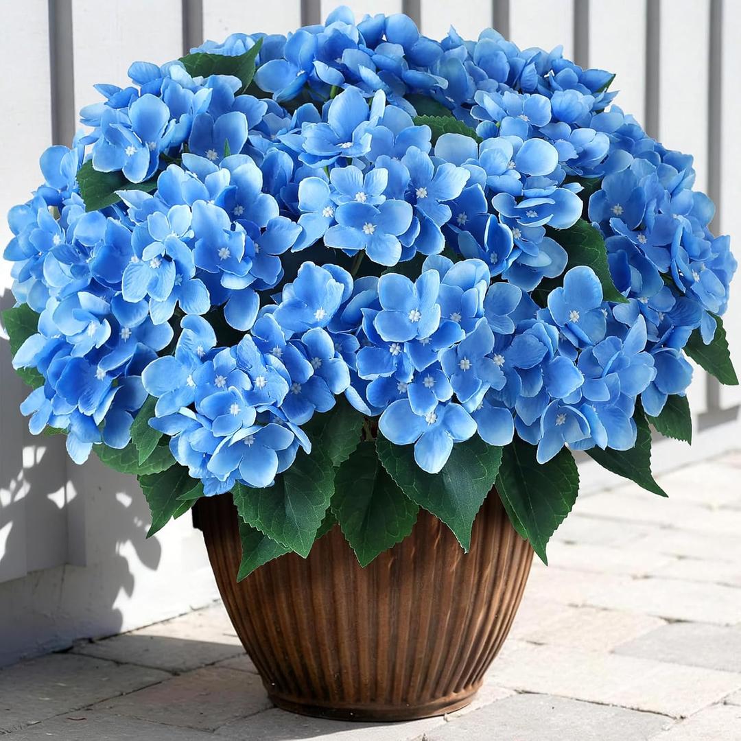 FOTEEWL 8 Bundles Artificial Hydrangea Flowers for Outdoor Decor, Realistic Faux Silk Bouquets Sun-Resistant Fake Plants for Front Door Balcony Farmhouse Garden Home Spring Summer Decor (Blue)