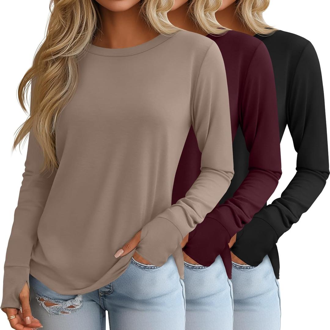Huukeay 3 Pack Women's Long Sleeve Shirts with Thumb Holes, Cotton Casual Crew Neck Tunic Tops Fall Loose Y2k Trendy Outfits (Medium, Burgundy, Light Khaki)