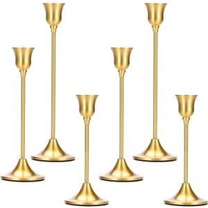 2 Sets(6 Pcs) Candle Stick Holders Brass Gold Metal Taper Candle Holders, Vintage Modern Decorative Centerpiece Candlestick Holders for Table Mantel Wedding Housewarming Gift