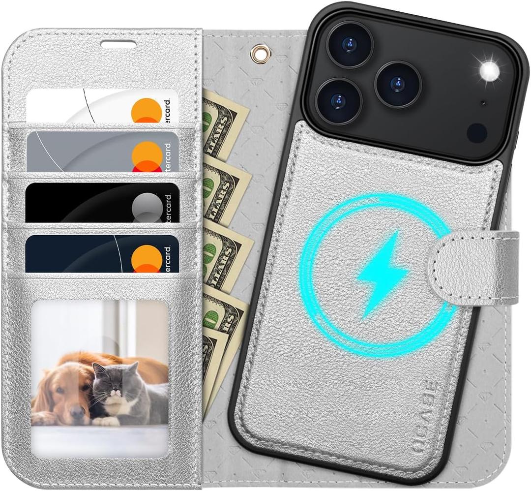 OCASE for iPhone 17 Pro Max Detachable Wallet Case with Card Holder, 2 in 1 PU Leather Flip Folio with RFID Blocking Stand Wrist Strap Shockproof Phone Cover 6.9 Inch 2025, Silvery