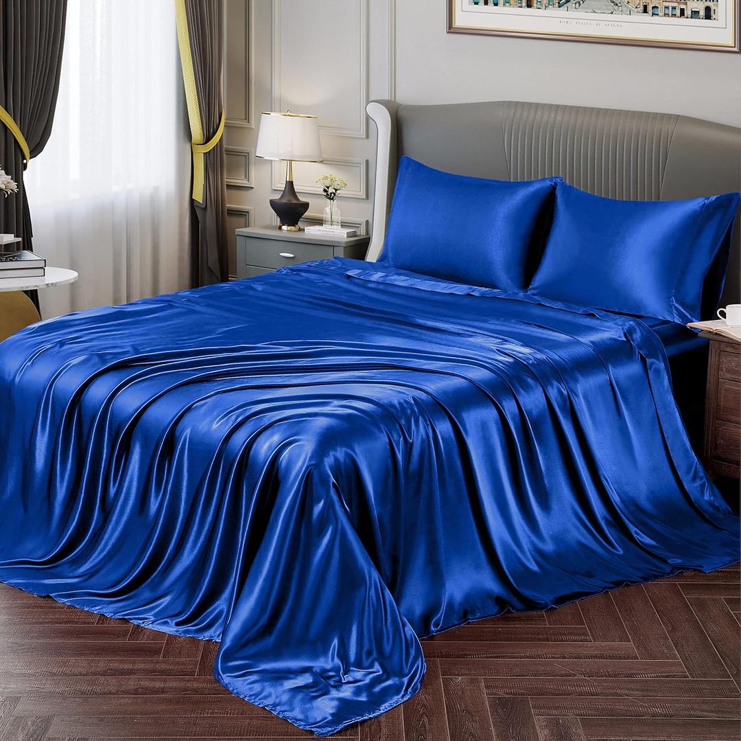 Vonty Satin Sheets Queen Silky Soft Satin Bed Sheets Royal Blue Sheet Set, 1 Deep Pocket Fitted Sheet + 1 Flat Sheet + 2 Pillowcases