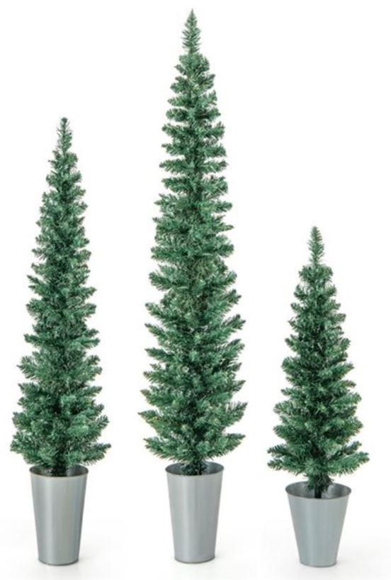 3-Pc Potted Artificial Christmas Tree Set with 3-4/5-ft Faux Slim Pencil Trees