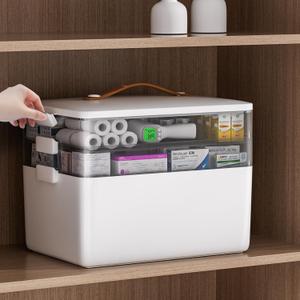 JOYBOS 3-Tier Medicine Storage Box Cabinet, Empty First Aid Kit Organizer Portable Medical Supply with Leather Handle for Home