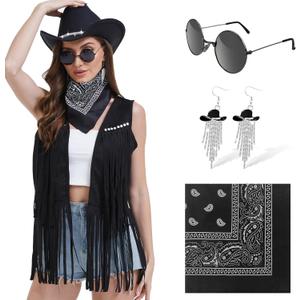 FunMular Western Outfit for Women Cowgirl Outfit Costume Accessories Cowboy Hat Fringe Vest Earring Bandana for Halloween (Large, Black)