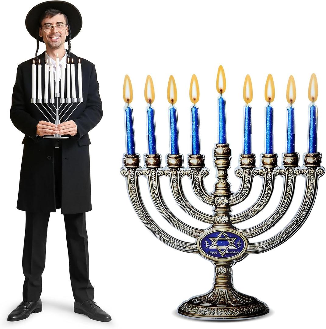 4ft Hanukkah Menorah Cardboard Stand up Cutout Life Size Hanukkah Jewish Festival Party Decoration Backdrop Photo Prop Stand up Religious Blue Enamel Menorah Standup Cardboard for Party Supply