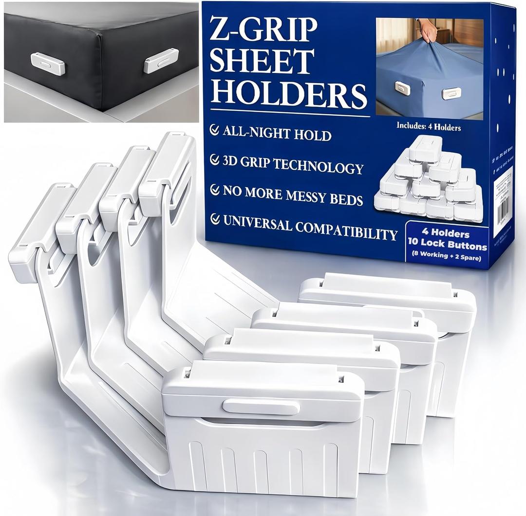 The Original Patented Fitted Sheet Holders - 4 Bed Sheet Grippers 10 Sheet Locks (8 + 2 Spares) Bed Sheet Holders For Corners, Clips, No Metal Corner Sheet Grippers Easily Say Goodbye To Loose Sheets