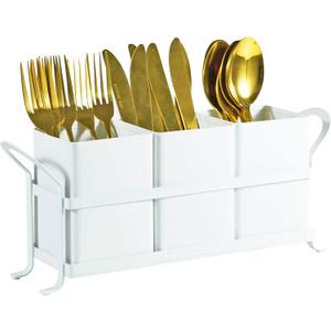 White Metal Utensil Caddy, 3 Compartments, Portable Design, Perfect for Countertop, Outdoor, and Camping