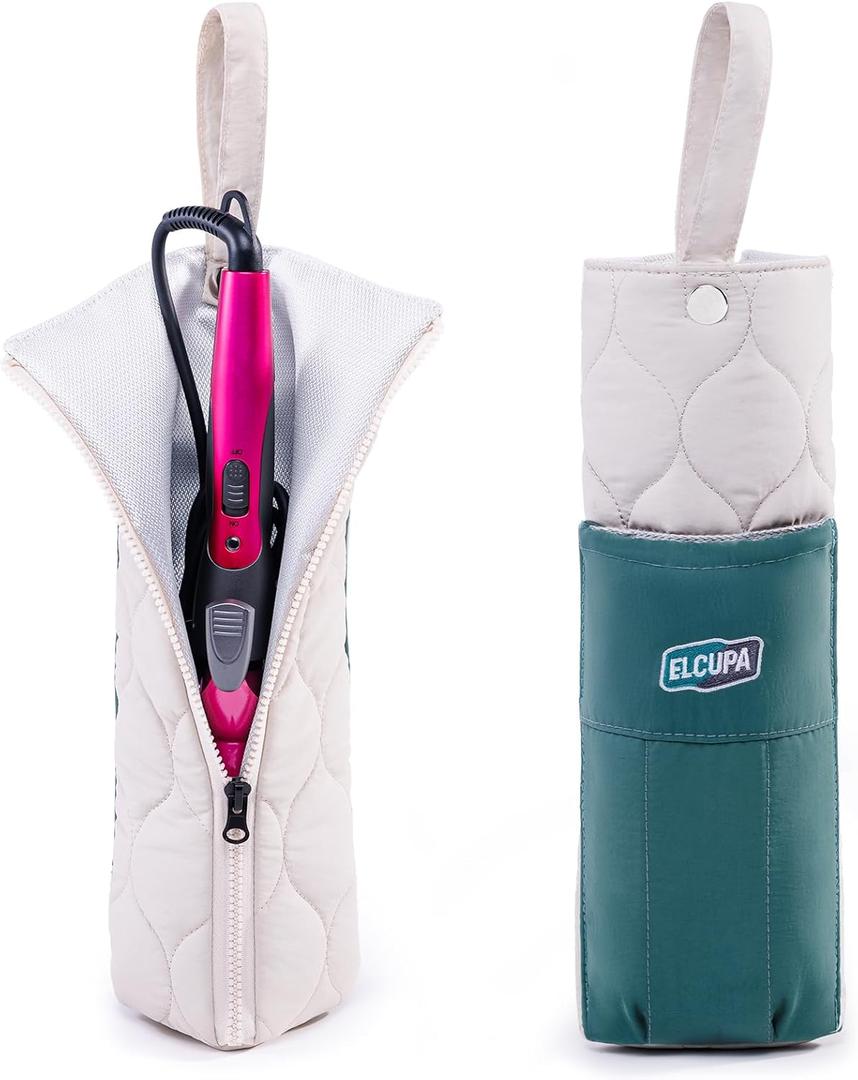 Heat Resistant Hair Tool Organizer Bag with Hanging Loop, Portable Travel Case for Flat Irons, Curling Irons, Hair Straighteners & Hot Styling Tools, 13.5" Heat-Proof Storage Cover with 2 Pockets (Ivory - Teal)