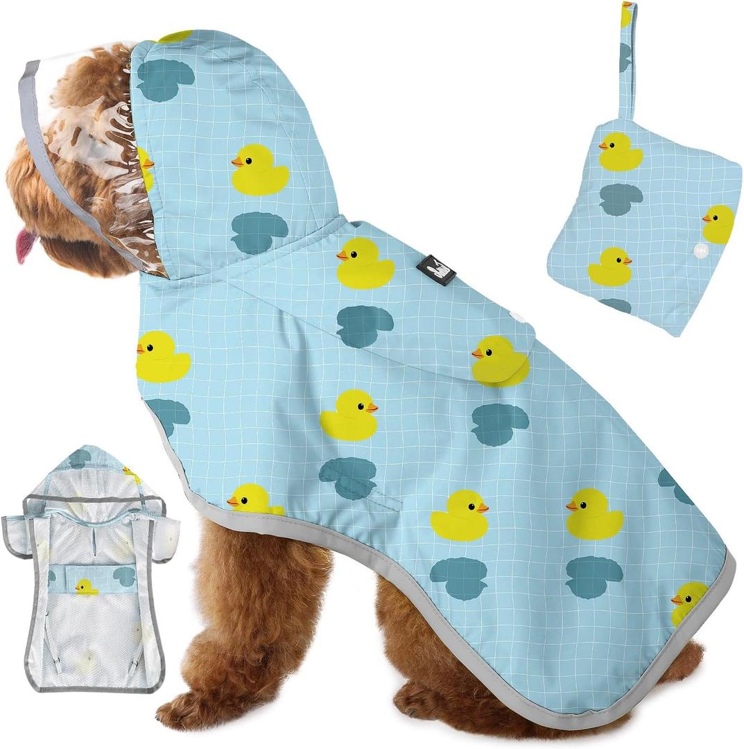 SlowTon Dog Raincoat, Adjustable Dog Rain Jacket Clear Hooded Double Layer, Waterproof Poncho with Reflective Strip Straps and Storage Pocket for Small Dogs Puppies(DK S) (Duck Pattern)